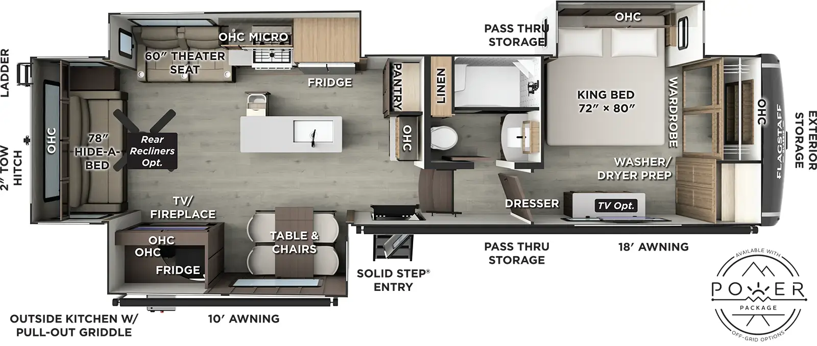 The Flagstaff Classic Fifth Wheels F372RL floorplan has one entry and three slide outs. Exterior features include: fiberglass exterior, 10' & 18' awning and outside kitchen. Interiors features include: kitchen island, front bedroom and rear living.